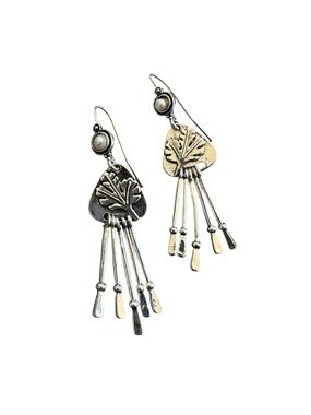 Silver Geometric  Leaf Design with Metal Tassel Effect Drop Earrings